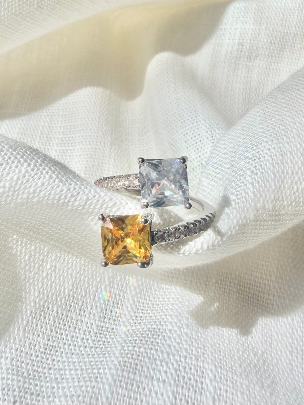 Cubic Zirconia adjustable double princess canary and diamond cocktail ring